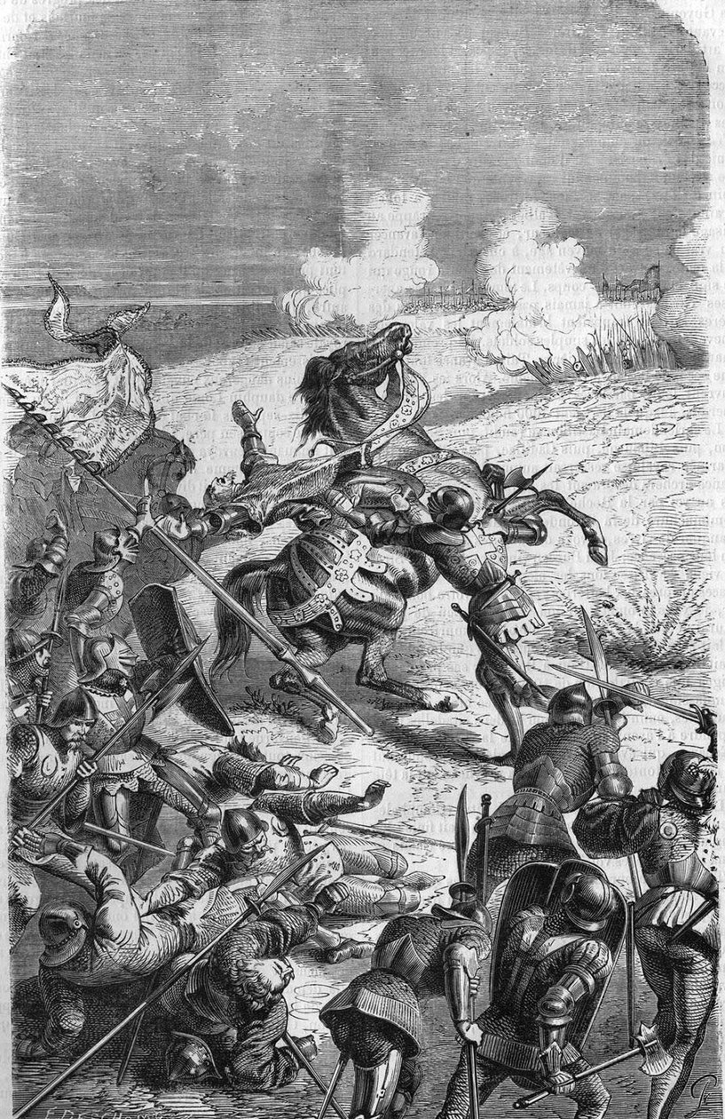 Den 75-årige veteran John Talot blev dømt til at lede en ekspedition på 3000 mand, som barkerede i Guyenne den 17. oktober 1452. Indgravering, der repræsenterer Talbots død i kamp. Indgravering af det 19. århundrede. af Unknown artist