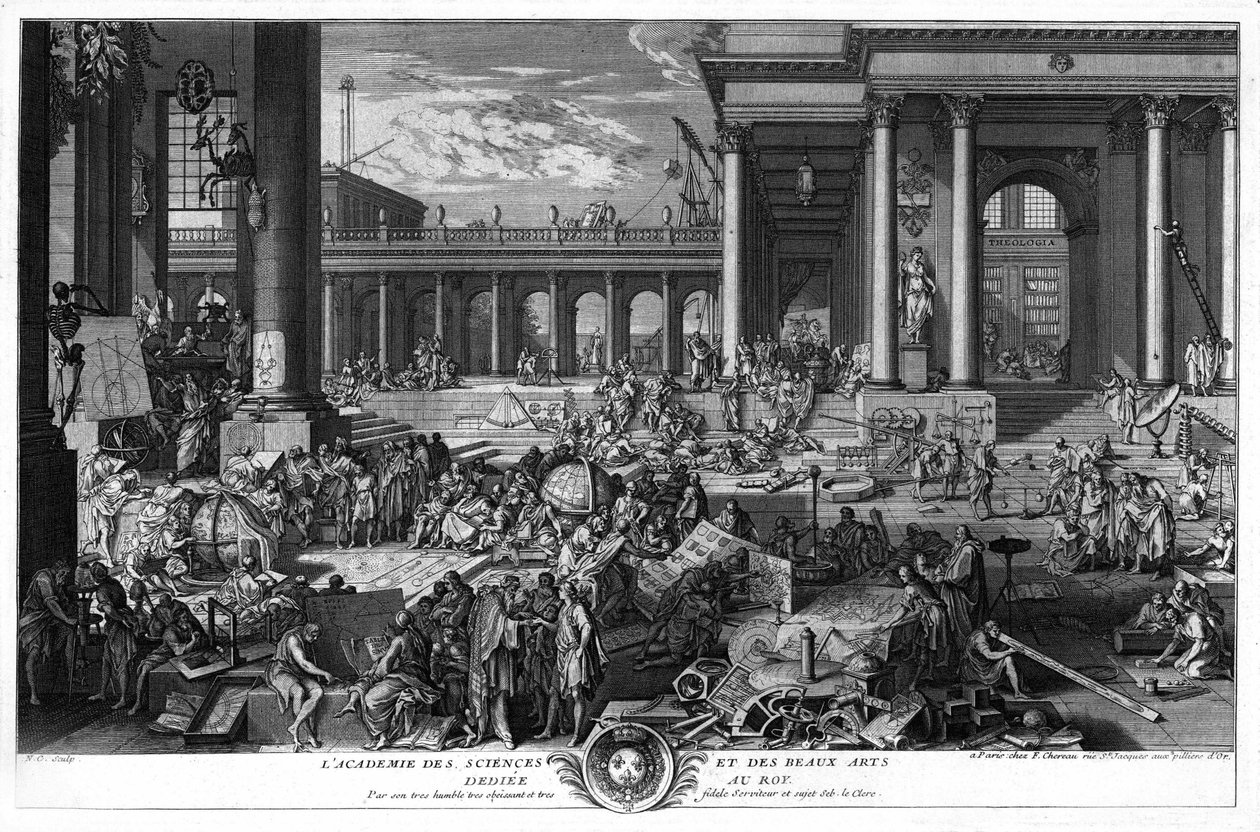 Akademiet for Videnskaber og Fine Kunster dedikeret til Roy. Ved sin meget ydmyge og meget trofaste tjener og undersåt Seb. ekspedienten. Gravering Den Ebastien Leclerc, Den Gamle af Unknown artist