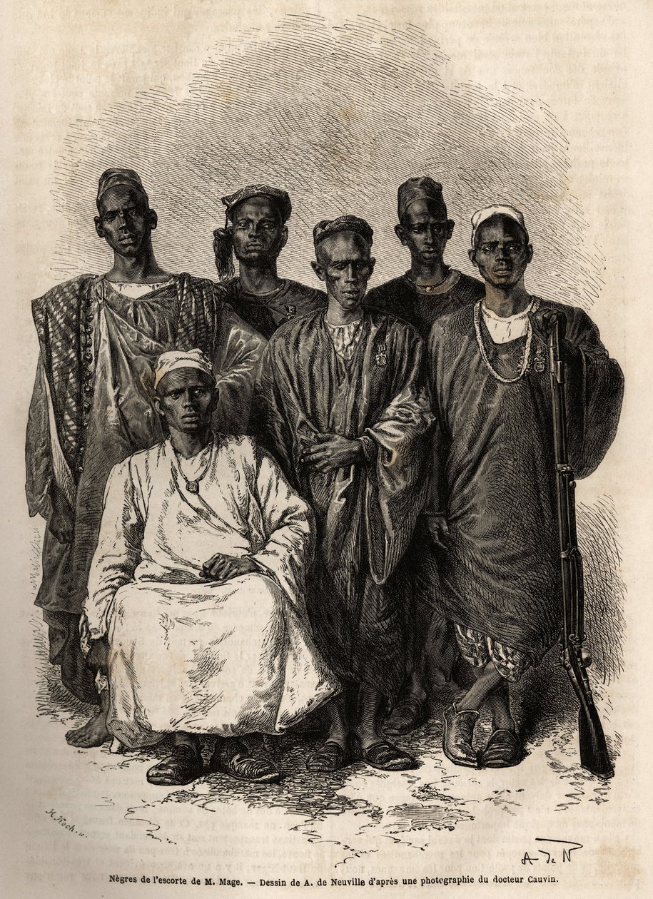 Den afrikanske eskorte af Mage, løjtnant-på-skibet, sendt på en mission til Niger. Indgravering til illustration af historien om løjtnant Mages rejse i det vestlige Sudan mellem 1863 og 1866, udgivet i "Le tour du monde, nouveau journal des voyages", redig af Unknown artist