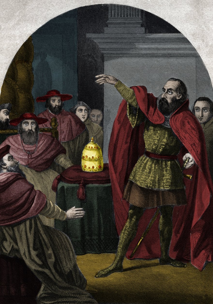 Modpaven Johannes XXIII (Antipapa Giovanni 23) (1410-1415) (Baldassarre Cossa) blev udråbt til suveræn pave af koncilet i Pisa i 1410. Indgravering fra 1842 i "Histoire des popes"" af Maurice Lachatre. Privat samling. af Unknown artist