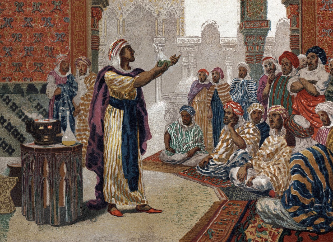 Den arabiske alkymist Geber (Jâbir ibn Hayyan) (v721-v815), enching kemi. Barcelona 1881 af Unknown artist