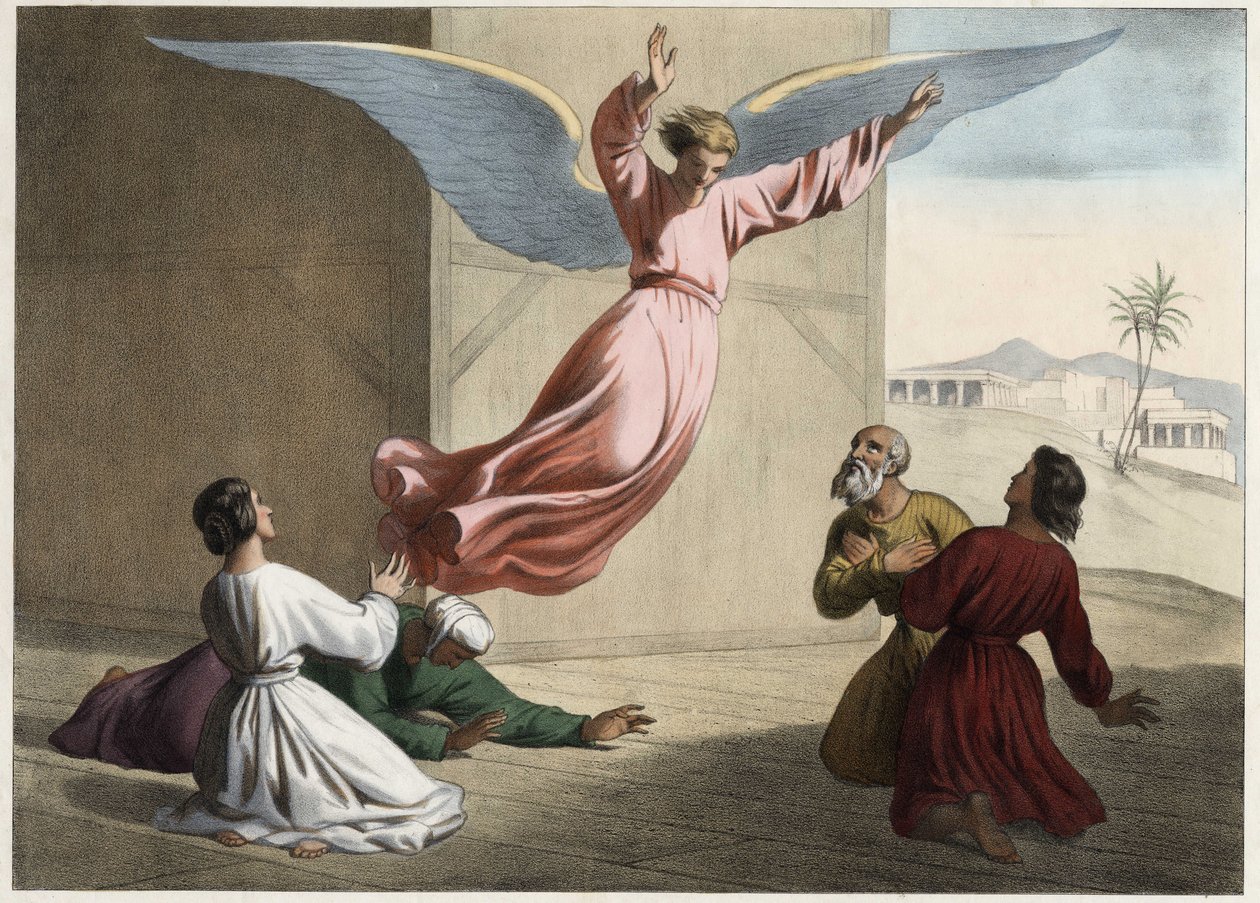Ærkeenglen Raphael forlader Tobie-familien. Anonym stik fra midten af 1800-tallet. af Unknown artist