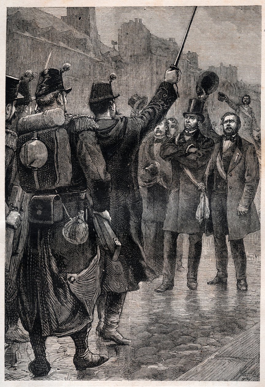 Arrestationen af Victor Schoelcher (1804-93) ved Saint Antoine Barrikaden, 4. december 1851 - Anholdelsen af Victor Schoelcher (1804-93) faubourg Saint Antoine den 4. december 1851 - Under opstanden fremkaldt af Louis kuppet Bonaparte (futu af Unknown artist