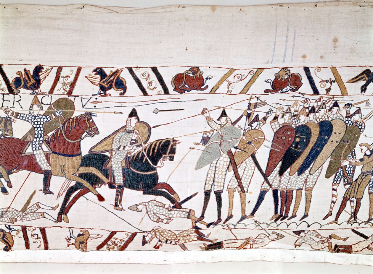 Slaget ved Hastings, vundet af Vilhelm I Erobreren (1027 - 1087) den 14/10/1066 og hvorunder kong Harold II af England døde (1022 - 1066). Bayeux-tapet, kendt som Broderi af Dronning Mathilde af Unknown artist