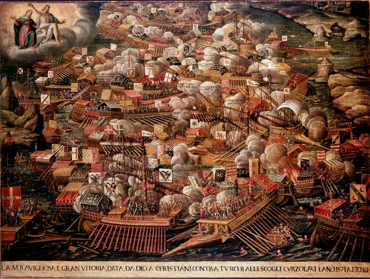 Slaget ved Lepante ud for Grækenlands kyst modsatte en spansk, venetiansk og pavestyrke til osmannerne i 1571. Anonymt maleri. 16. århundrede. Venedig Museo Correr af Unknown artist