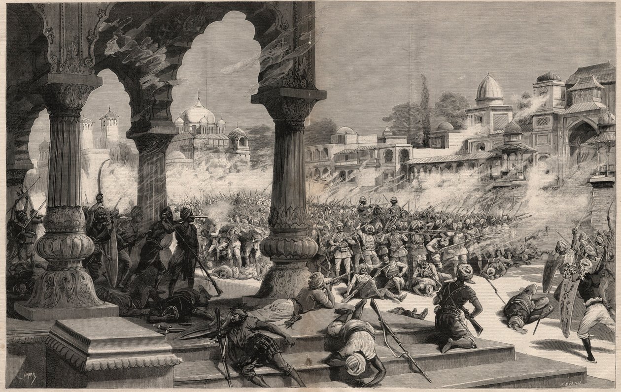 Slaget ved Manipur - Britiske indiske opstande - massakre på en kolonne på omkring 500 engelske soldater, kaldet af Maharadjah, hvis undersåtter gjorde oprør i Manipur (territorium på grænsen til Assam og Burma) i Indien af Unknown artist