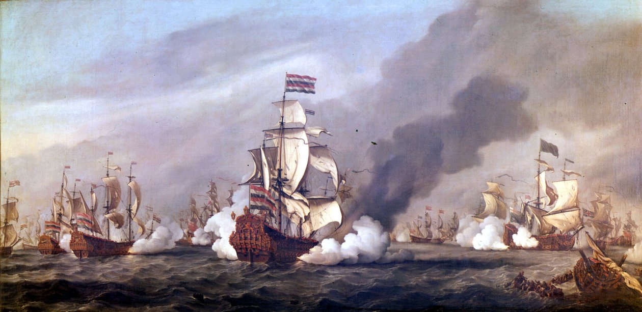 Slaget på de fire dage fra 11. til 14. juni 1666 under den anden engelsk-hollandske krig. Oliemaling. af Unknown artist