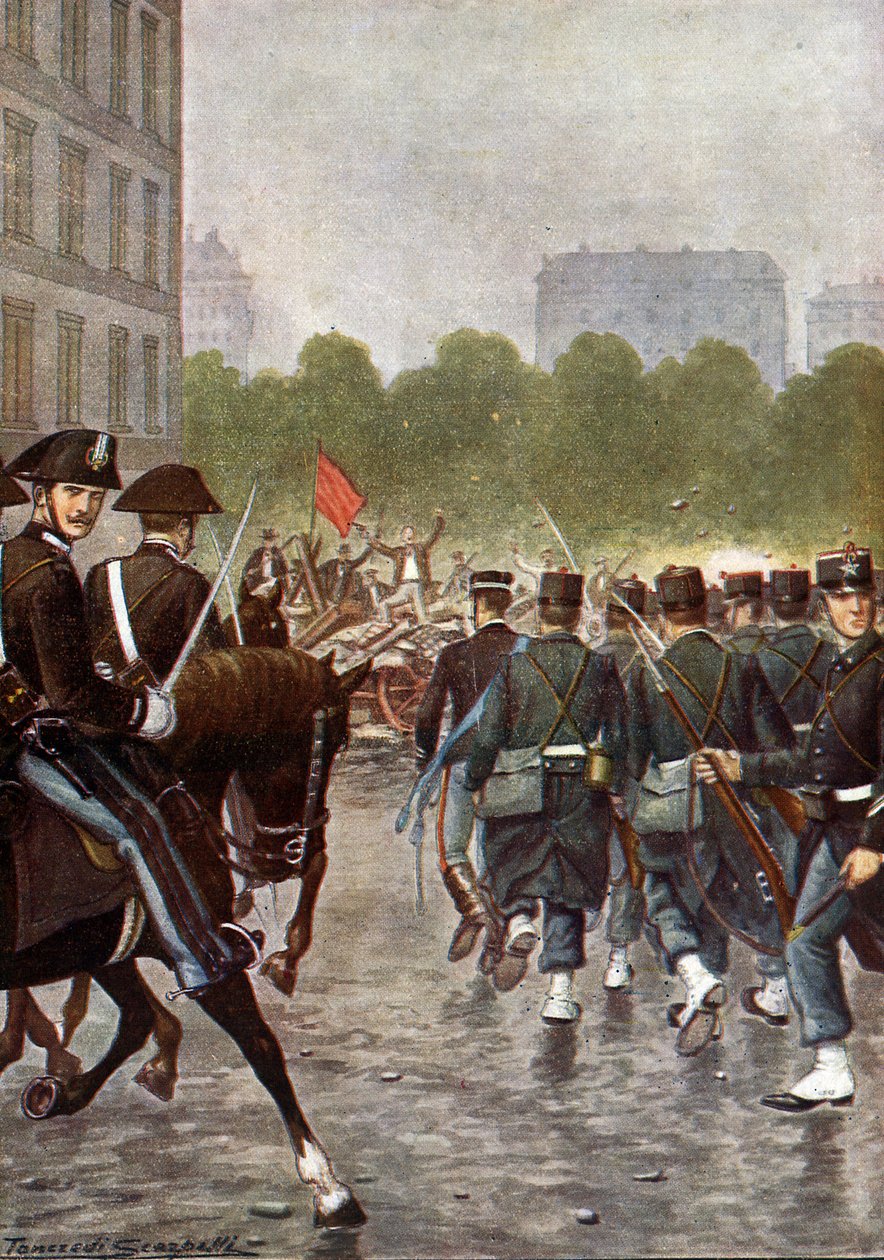 Bava Beccaris-massakren, opkaldt efter den italienske general Fiorenzo Bava-Beccaris, henviser til undertrykkelsen af omfattende optøjer i Milano i maj 1898. Italien) af Paolo Giudici af Unknown Artist