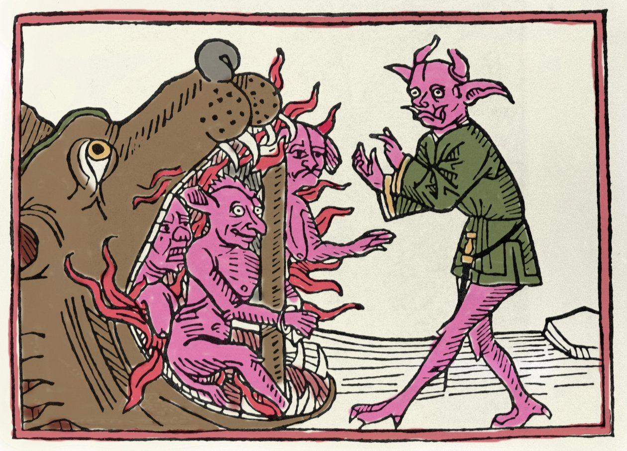 The Belial Proces: "The Belial Demon Returning to the Entrance of the Underworld"" Indgravering fra "The Belial Proces" af Jacobus de Teramo (eller Palladino), Ausburg af Unknown artist