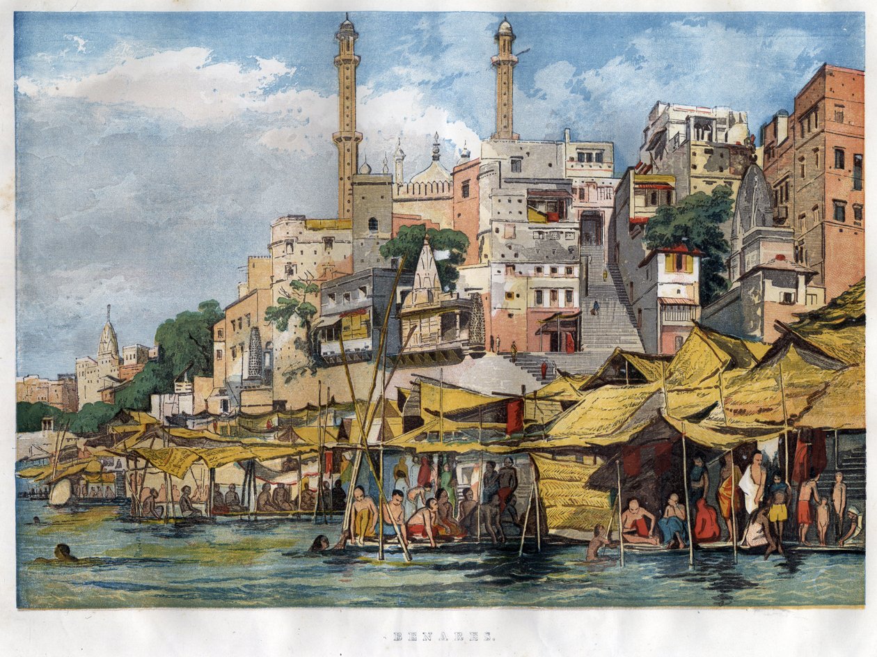 Benares ghat i Indien (nutidens Vanarasi) (ghat betegner trinene, der dækker bredderne af floderne og bredderne af bassinerne og reservoirerne, der gør det muligt at komme ned i kontakt med vand). Stik fra 1857. af Unknown artist
