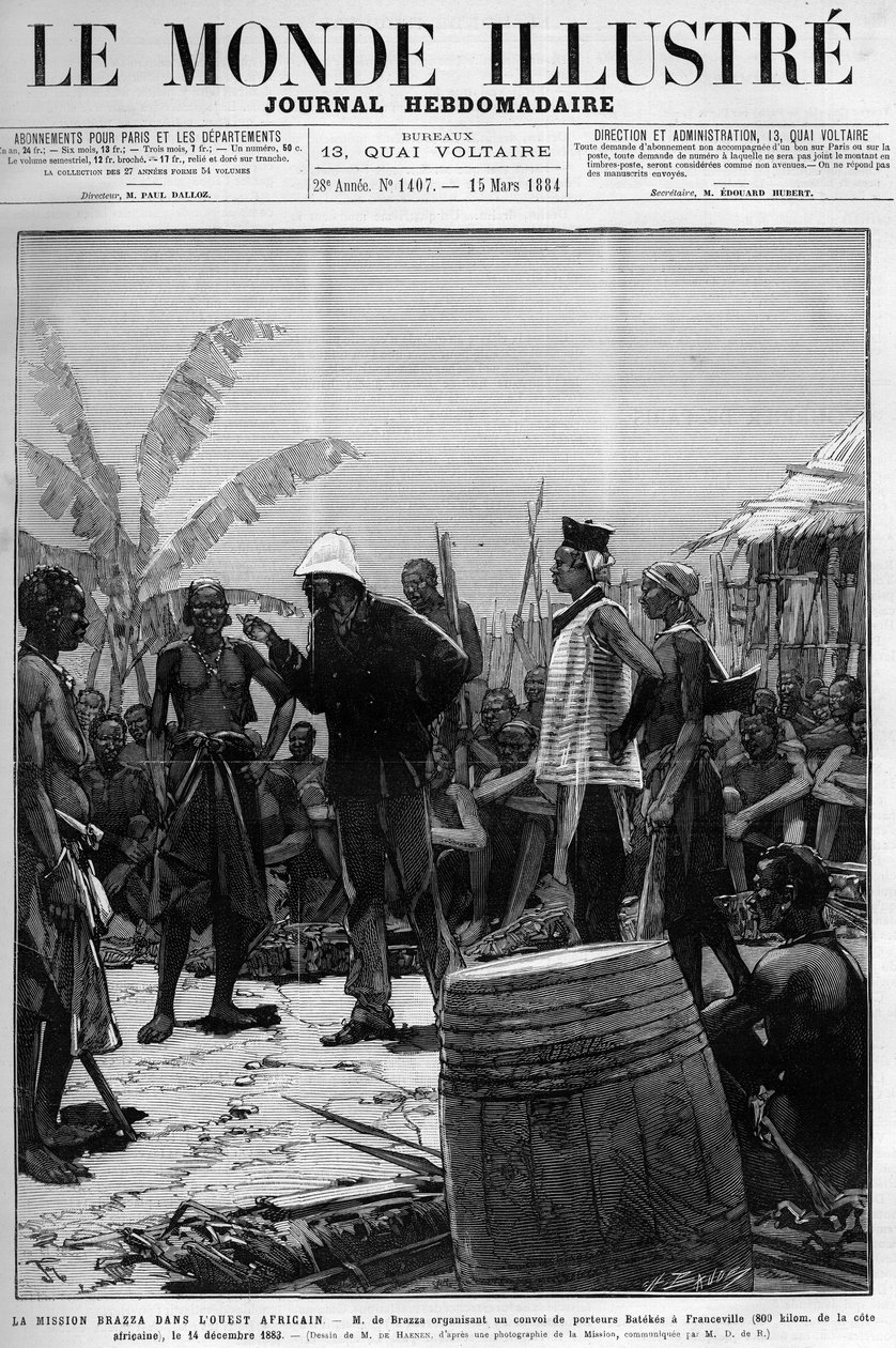 Brazza-missionen i Vestafrika: Pietro Paolo Savorgnan di Brazza eller Pierre Paul Francois Camille Savorgnan de Brazza (1852-1905) organiserer en konvoj af Batekes-skibe til Franceville (Gabon) den 14. december af Unknown artist