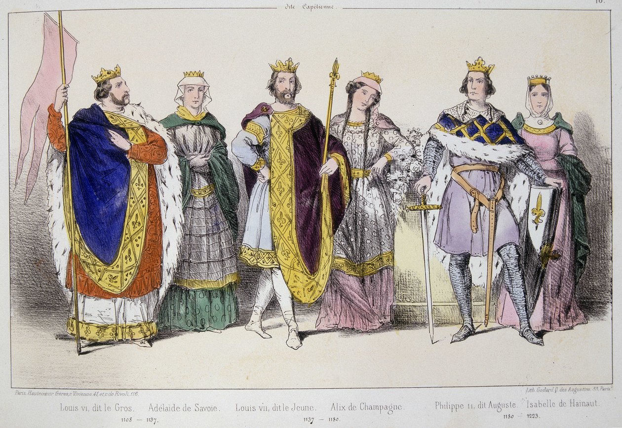 Kapetianerne. Fra venstre mod højre: Ludvig VI siger Gros (1081 - 1137), Adelaide eller Alix af Savoyen (? -1154), Ludvig VII siger den yngre (1120 - 1180), Alix af Champagne (1140-1206), Filip II siger Augustus (1165-1223) og Isabella af Hainaut (1170-119 af Unknown artist