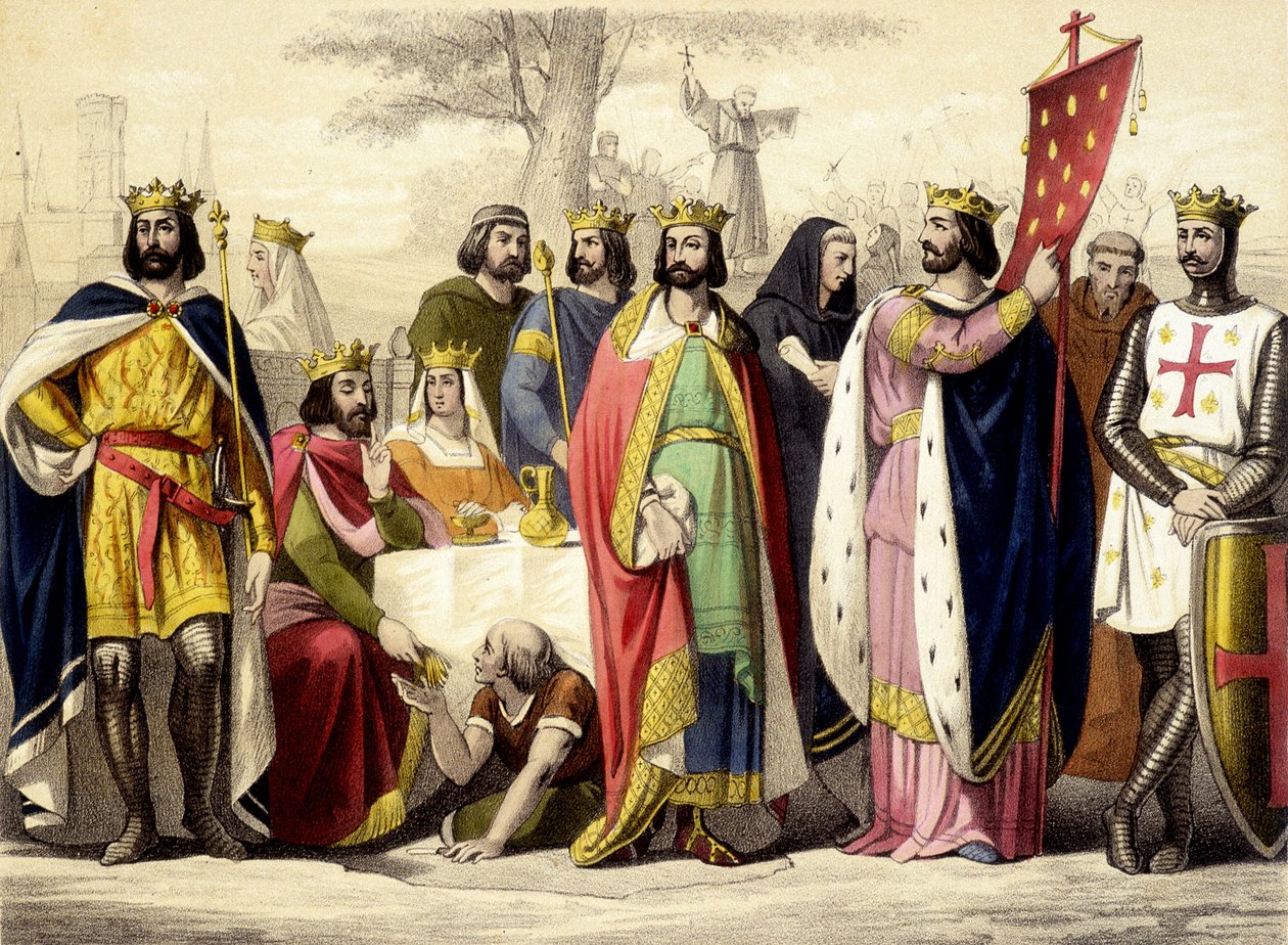 Kapetianerne fra 987 til 1137. Hugues Capet, Robert 1er Constance, Philippe 1er, Louis VI og Louis VII. Indgravering af det 19. århundrede. af Unknown artist