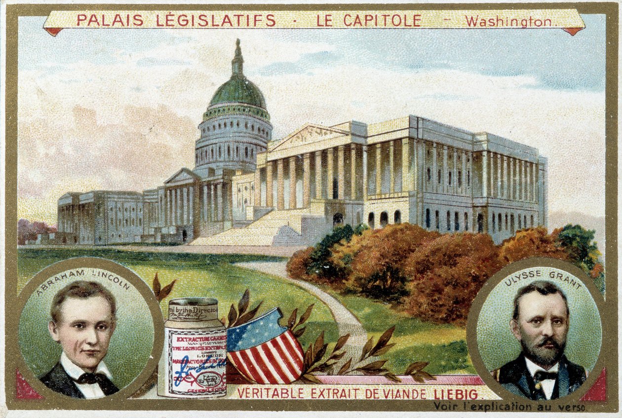 The Capitol, American Congress Palace, Washington (USA), med portrætter af Abraham Lincoln (1809-1865) og Ulysses Grant (1822-1885) - Liebig-kromolitografi af Unknown artist