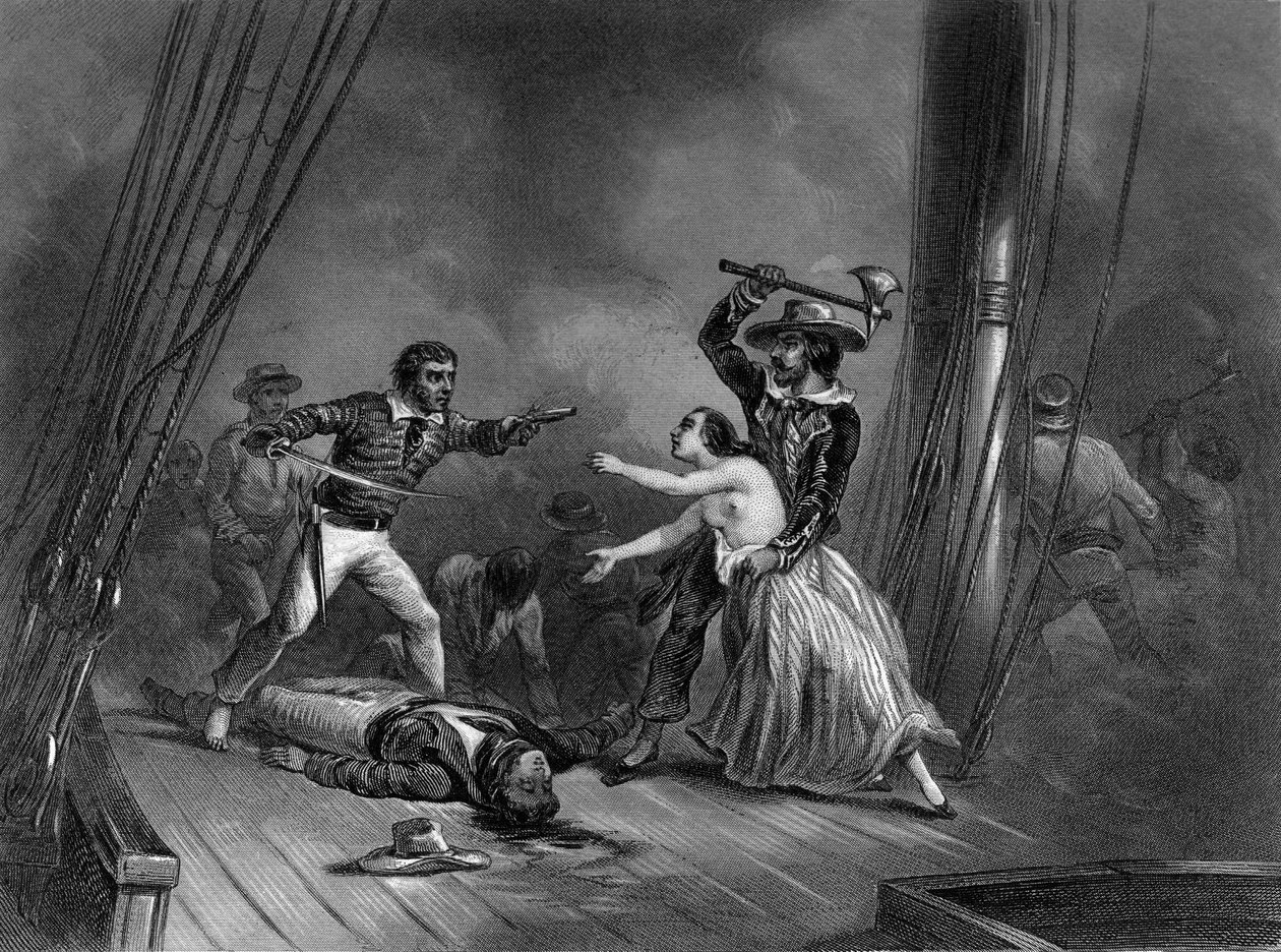 Den caribiske pirat Morgan bortfører den smukke spanier. i "General History of the Navy" af Van Tenac af Unknown artist