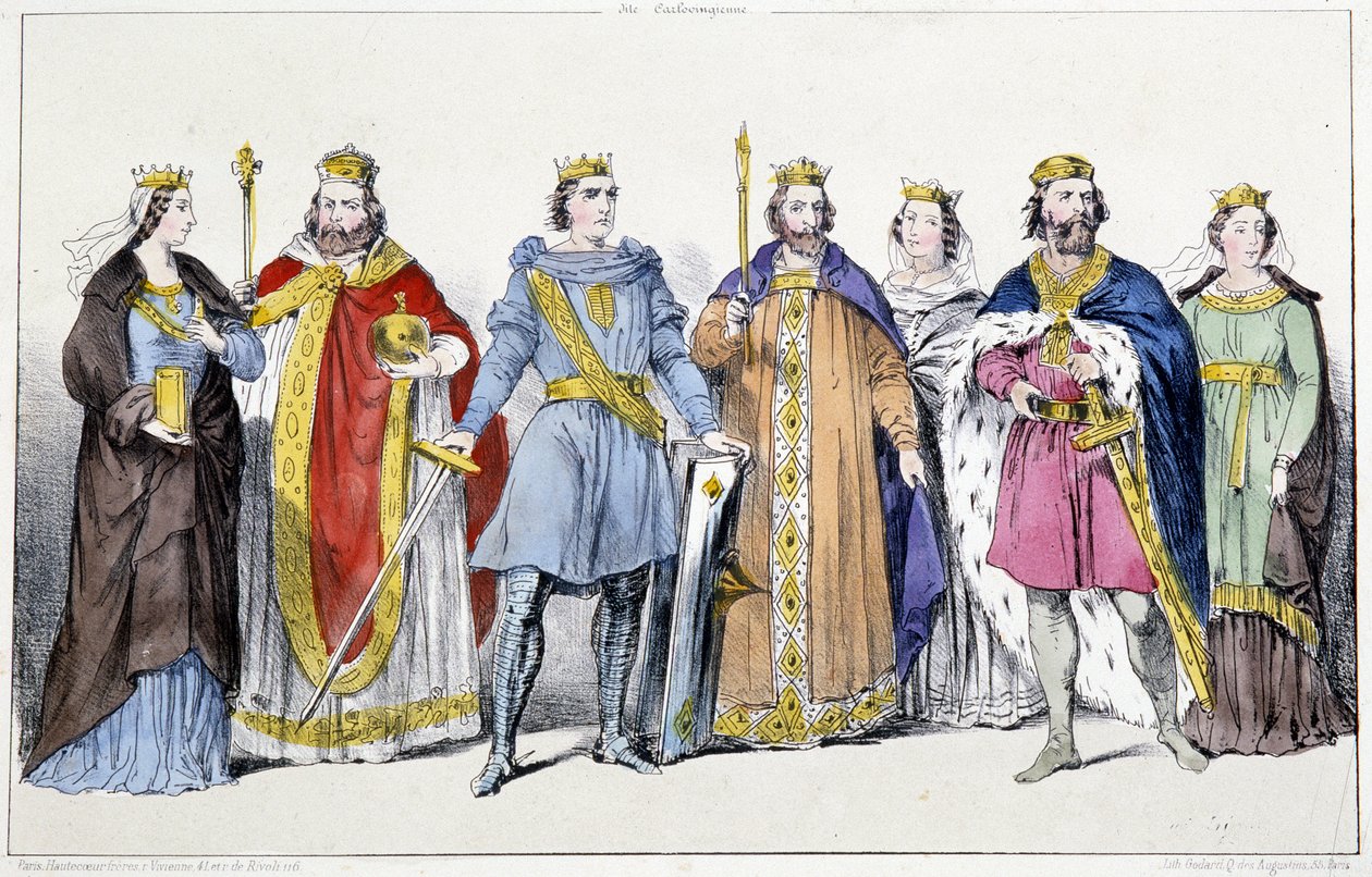 Karolingerne: Richarde (845-efter 887) og Charles III Le Gros (839-888), Arnulf af Kärnten (ca. 850-899), Ludvig IV af Outremer (920-954) og Gerberge af Germania (913-984) , Lothaire IV (941-986) og Emma af Italien (948-1006) - Tallerken fra Kings and Fr. af Unknown artist
