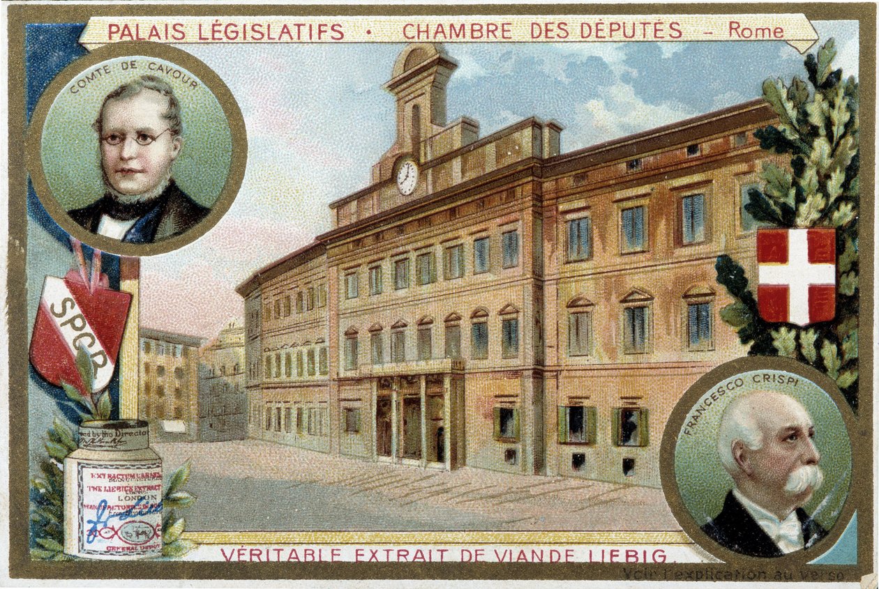 Deputeretkammeret i Rom (Italien), med portrætter af grev Camillo Benso de Cavour (1810-1861) og Francesco Crispi (1819-1901) - Liebig-kromolitografi af Unknown artist