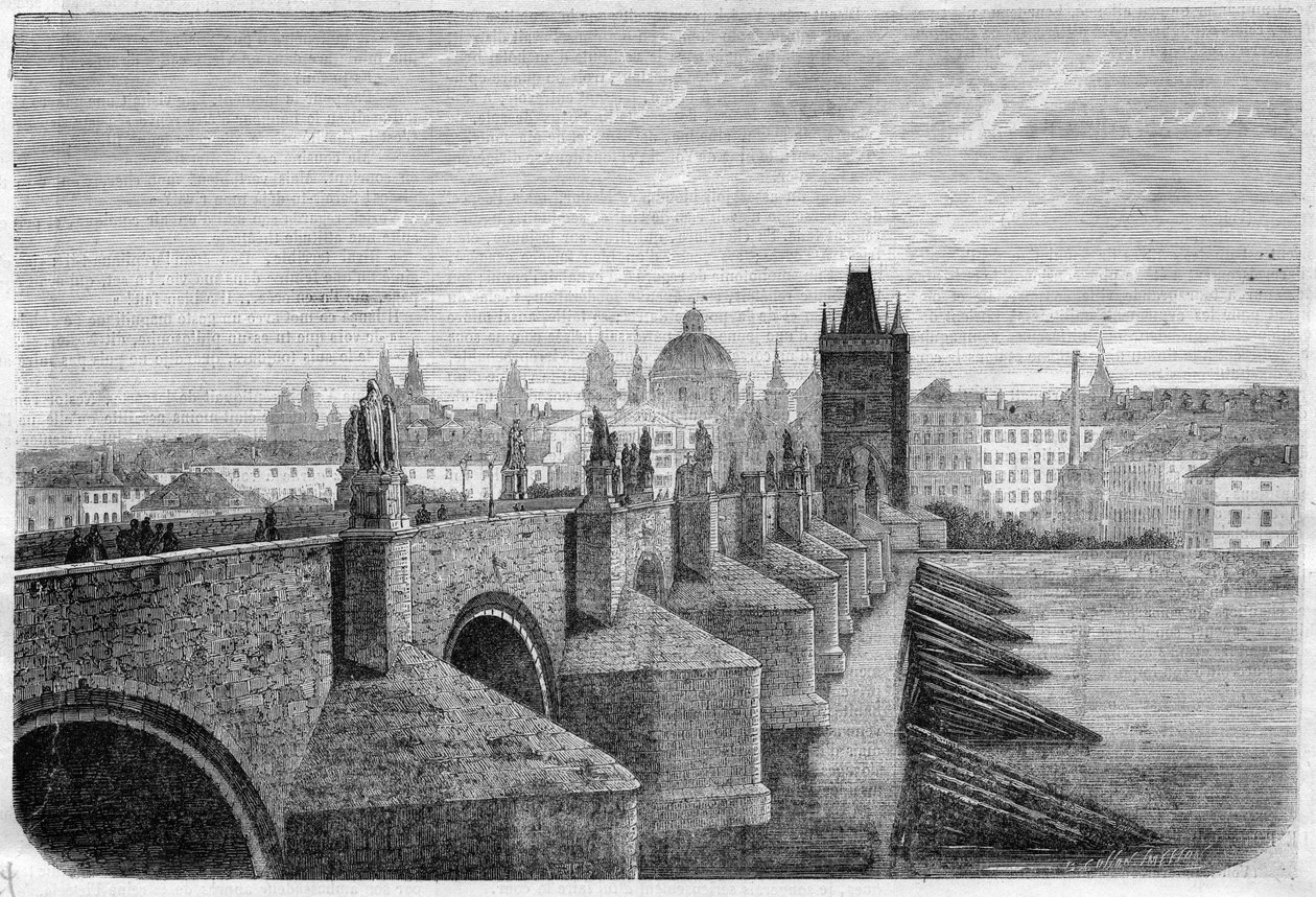 Karlsbroen i Prag - Indgravering i "" The Illustrous Journal"" af Unknown artist