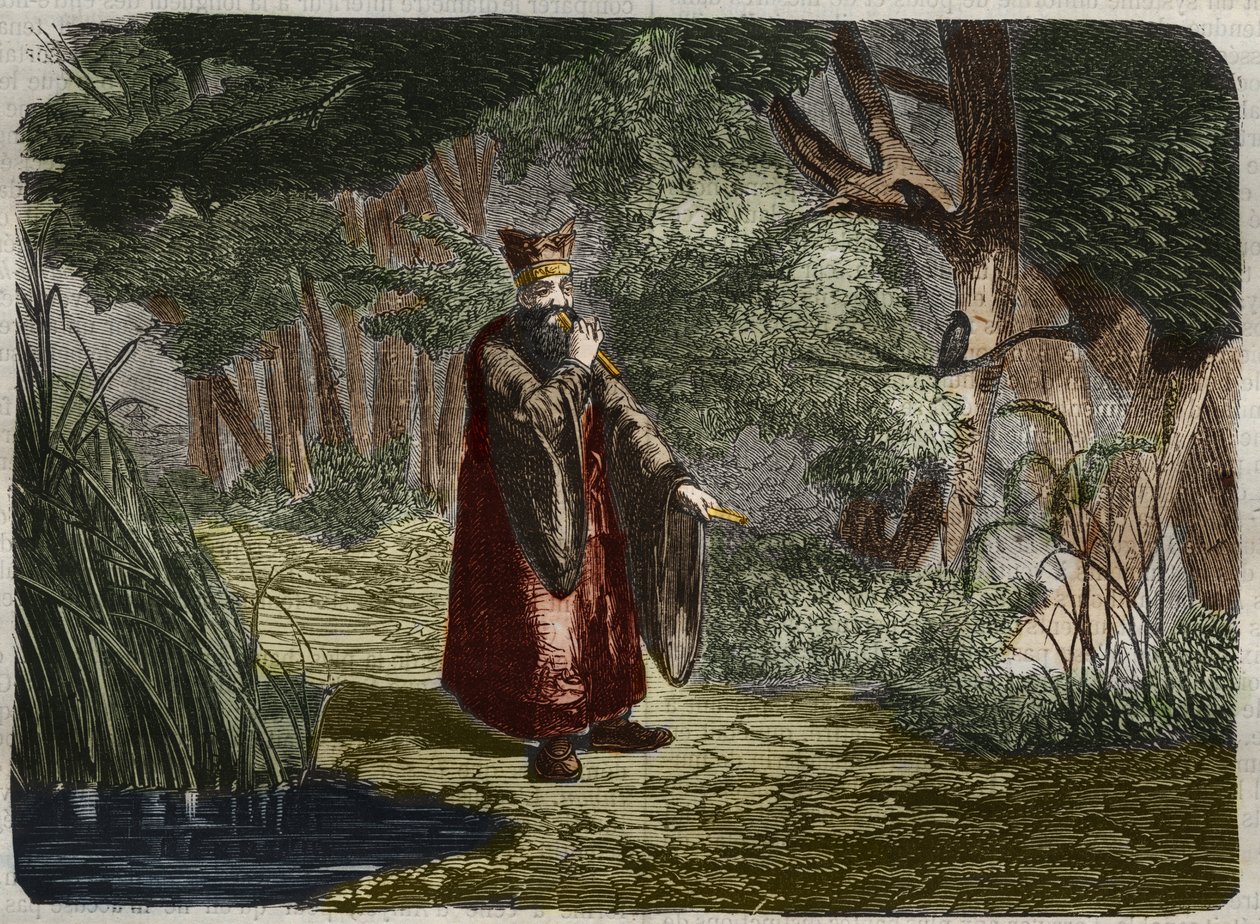 Den kinesiske Ling Mon (Ling-lun) (Lihng-lewn) opdager stemningen ved at blæse i stammen på en bambus. 27. århundrede f.Kr. Gravering fra 1859 i "" Le Musee Des Sciences"" af Unknown artist