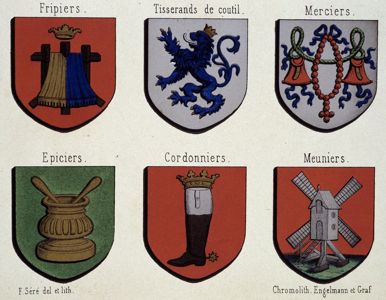 Gents våbenskjolde (eksemplar af middelalderens våbenskjolde): Friebriers, Cusserands, Merciers, Grocer, Shoemakers, Meuniers af Unknown artist