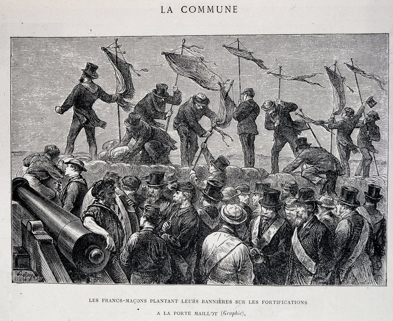 Kommunen: Frimurere planter deres bannere på fæstningsværket ved Porte Maillot (1871) - gravering af Unknown artist