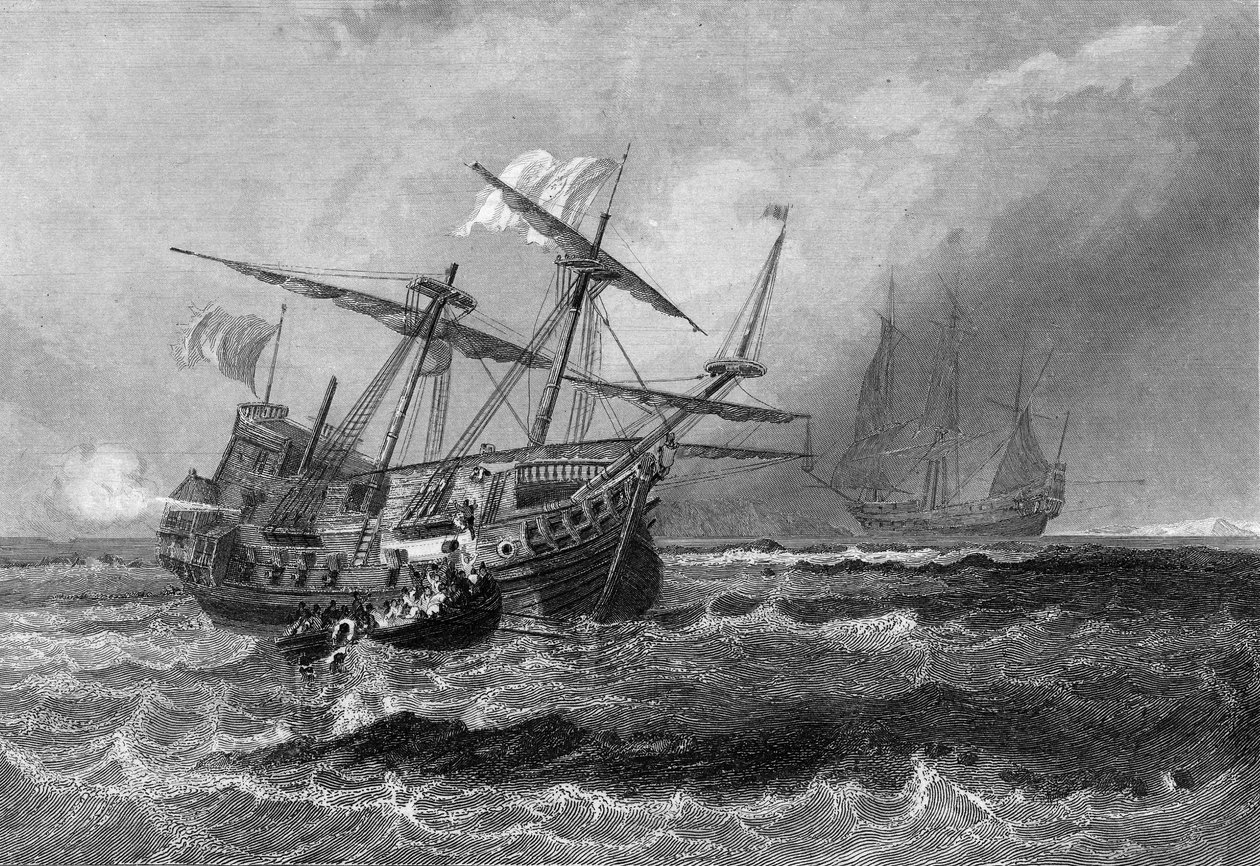 Corbin tabte på revet på Maldiverne 1. juli 1602. I "" General History of the Navy"" af Van Tenac af Unknown artist