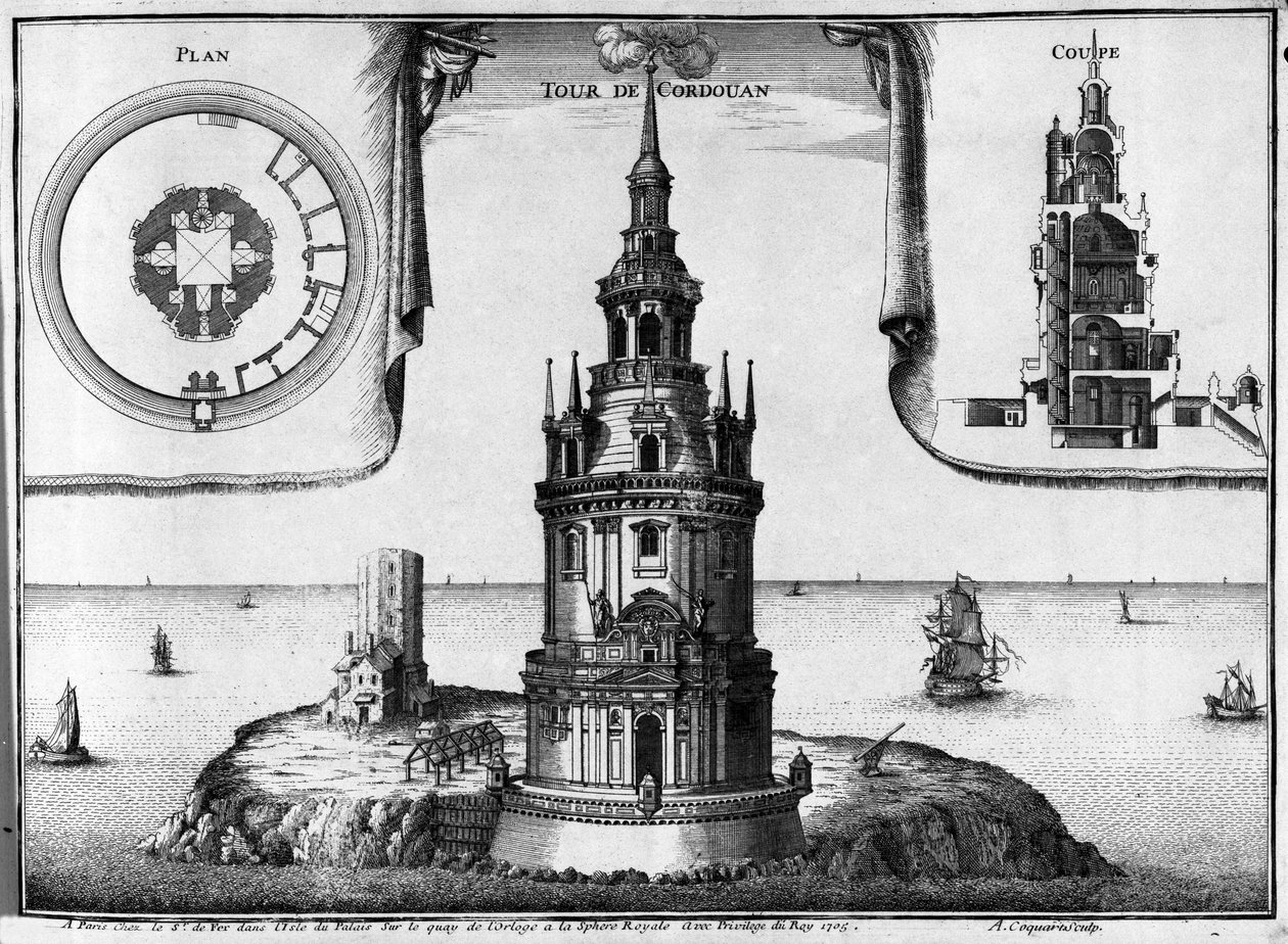 Cordouan fyrtårnet nær Bordeaux i Gironde (33). Den nuværende bygning rig på statuer, søjler, har et kapel og et værelse til kongen Heberger af Unknown artist
