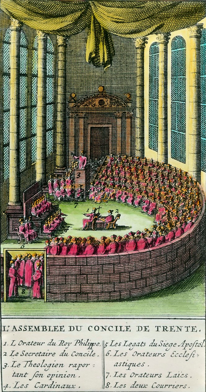 Koncilet i Trent. Illustration med beskrivelse af de tilstedeværende medlemmer ved forsamlingen. Koncilet i Trent blev indkaldt af pave Paul III (repræsentant for den romersk-katolske kirke) i 1545 som svar på anmodninger fra Martin Luther i f. af Unknown artist