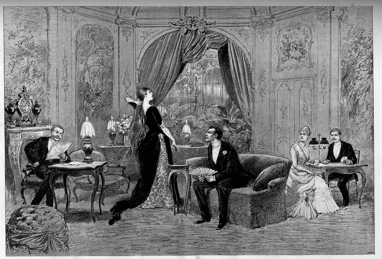 Greven af Riverolles, Francine, Stanislas de Grandredon, Therese Smith og Henri de Simeux, karakterer i stykket "" Francillon", komedie af Alexandre Dumas (1824-1895) spillet på Comedie-Francaise (1887) i Paris. Indgravering i "" Le monde illustriou af Unknown artist