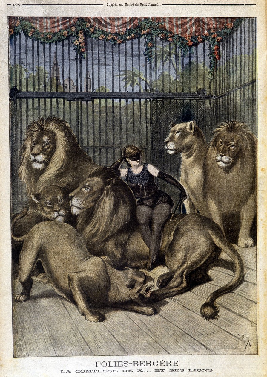 Grevinden af X... og hendes løver på showet på Folies Bergères i Paris. I Le petit Journal, den 19/05/1895. af Unknown artist