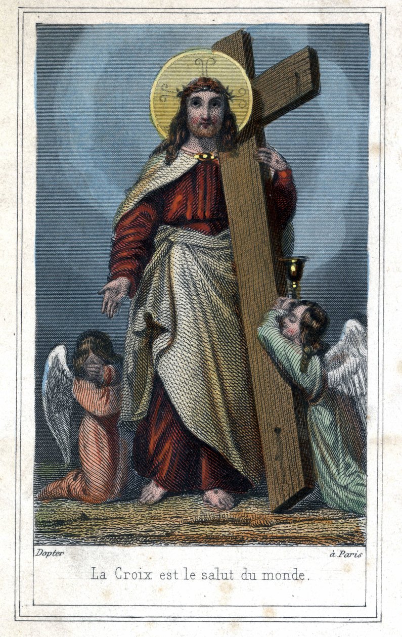 Korset er verdens frelse. Populære billeder om Kristus, der bærer korset. To engle står ved hans side. Omkring 1850. af Unknown artist
