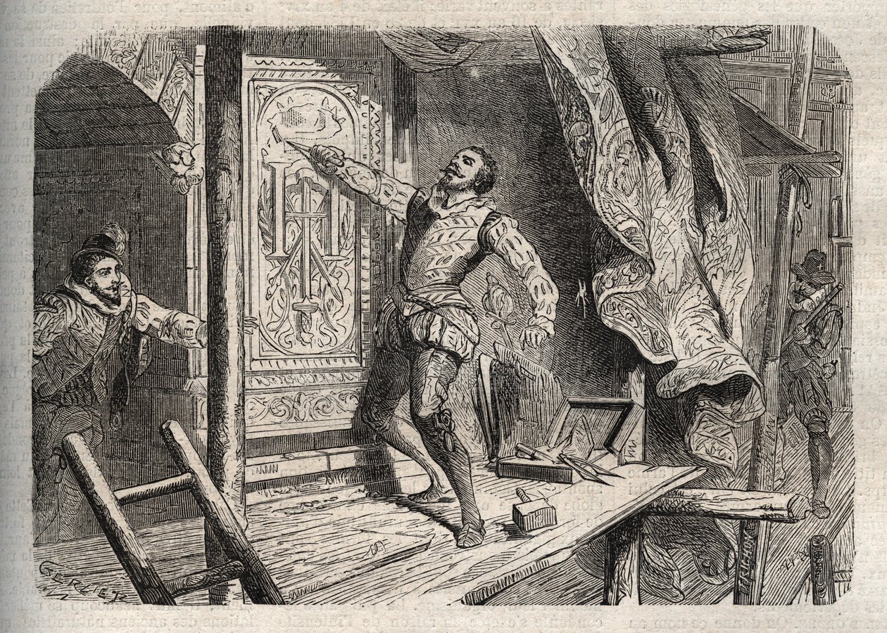 Jean Goujons død (1510-1562 eller 1569), døde ifølge en legende i 1572 under Saint Barthelemy - indgravering i "" Dictionnaire populaire illustrious"" - 1864 - af Joseph Decembre og Edmond Allonier - af Unknown artist