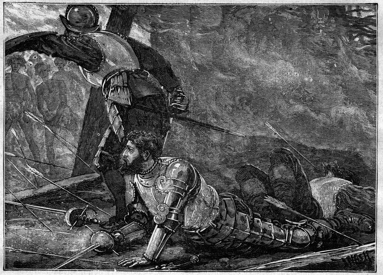 Juans død af La Cosa - Juan de la Cosas død (1460-1510) kartograf, conquistador og spansk opdagelsesrejsende i Cartagena, Colombia - gravering af 1887 af Unknown artist