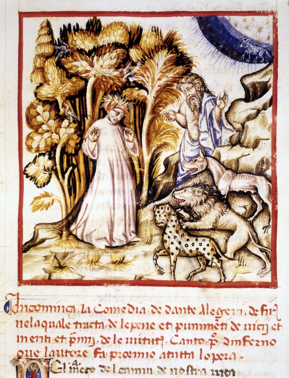 Den guddommelige komedie af Dante Alighieri. Miniature af Dante, Virgil og de tre bæster. 14. århundredes manuskript. Kommunal Bibl. af Rimini. af Unknown artist