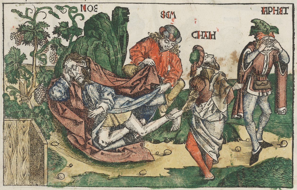 The Drunkenness of Noah, ca. 1483-95 (håndfarvet træsnit) af Unknown artist