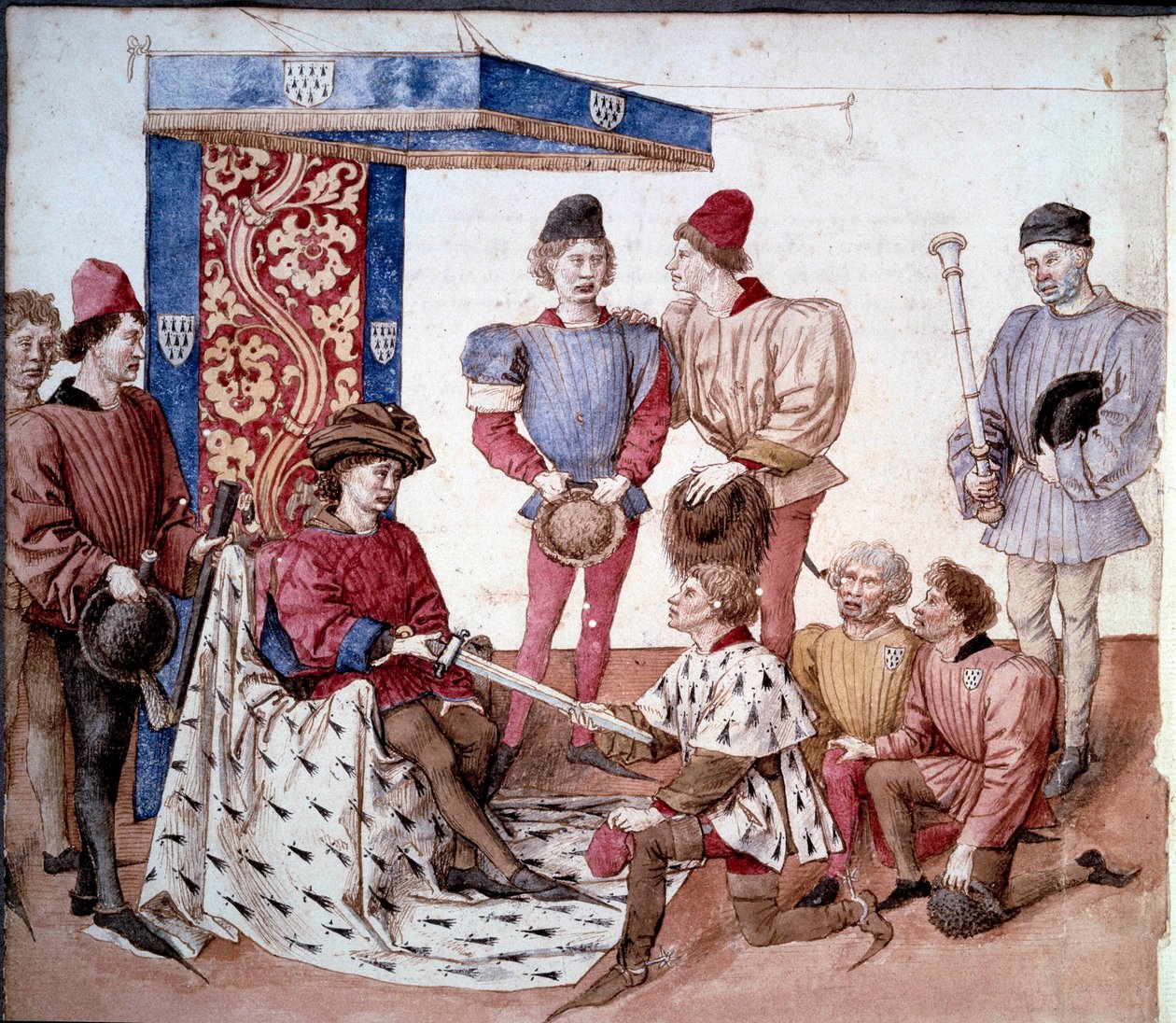 Hertugen af Bretagne præsenterer sit sværd til våbenkongerne Miniature taget fra "" The book of tournaments of King Rene of Anjou (Rene I of Napoli) (1409-1480)" 1460 omkring Paris, B.N. af Unknown artist