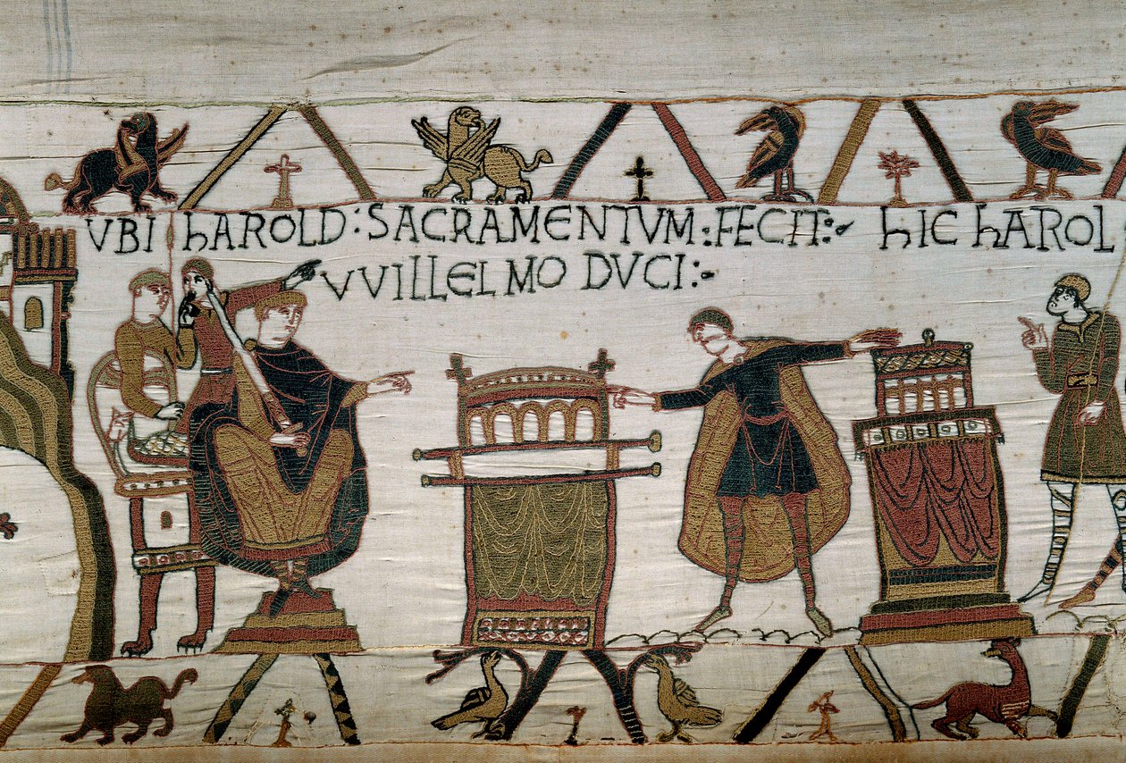Hertugen af Normandiet Guillaume Erobreren (1027-1087) lavede en ridder Harold, som aflagde en loyalitetsed på to relikvieskaber. Detail of the Tapestry of Bayeux eller Brodery of Queen Mathilde af Unknown artist