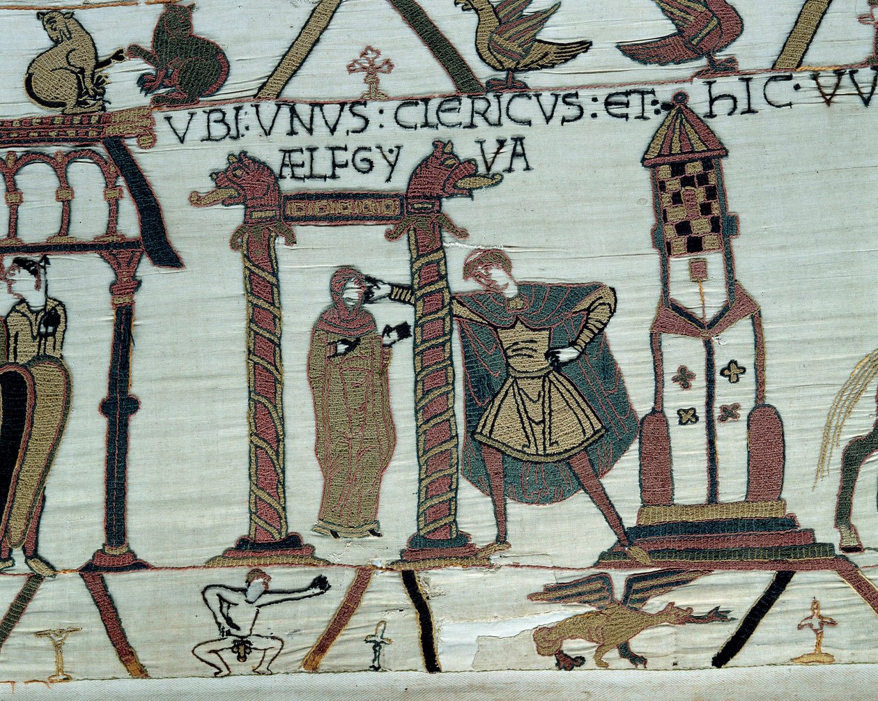 Hertugen af Normandiet Vilhelm Erobreren (1027-1087) lover sin datter Aelfgyve til Harold i ægteskab Nederst til venstre, en repræsentation af en nøgen mand. Detalje af Bayeux-tapet eller broderi af dronning Mathilde af Unknown artist