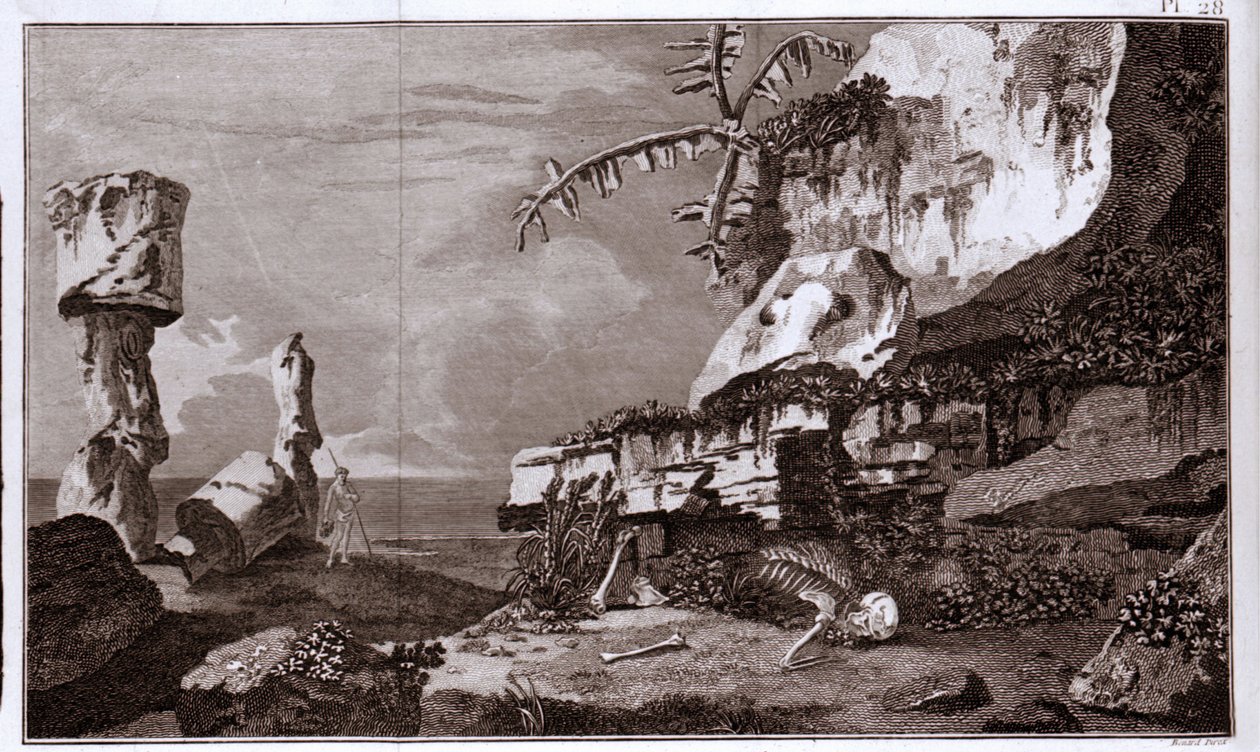 Påskeøen (Rapa Nui) i Polynesien efter "Viaggi del Capitano Cook", indgravering fra det 19. århundrede. af Unknown artist