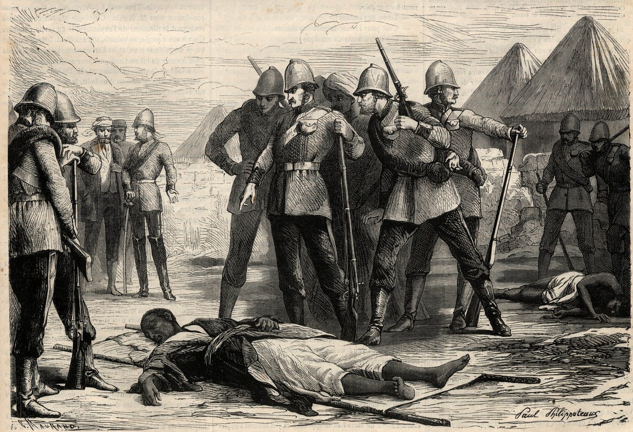 Kejseren (negus) af Etiopien Theodoros II (Tewodros) døde den 13. april 1868 efter englændernes erobring af Magdala, hvor negus havde trukket sig tilbage. Gravering i "" L