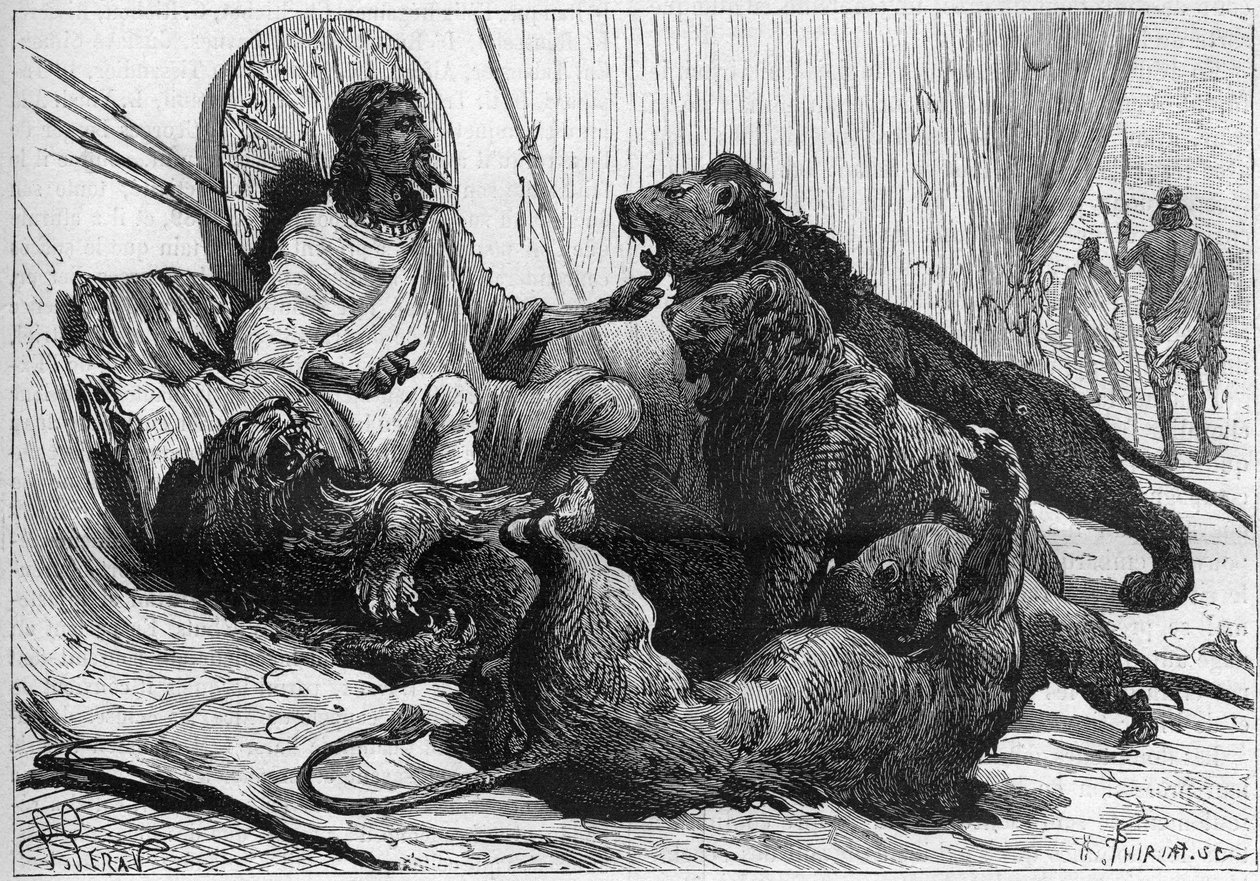 Kejseren (ras) Theodoros af Abessinien omgiver sine løver. I "Nature" fra 1888. af Unknown artist