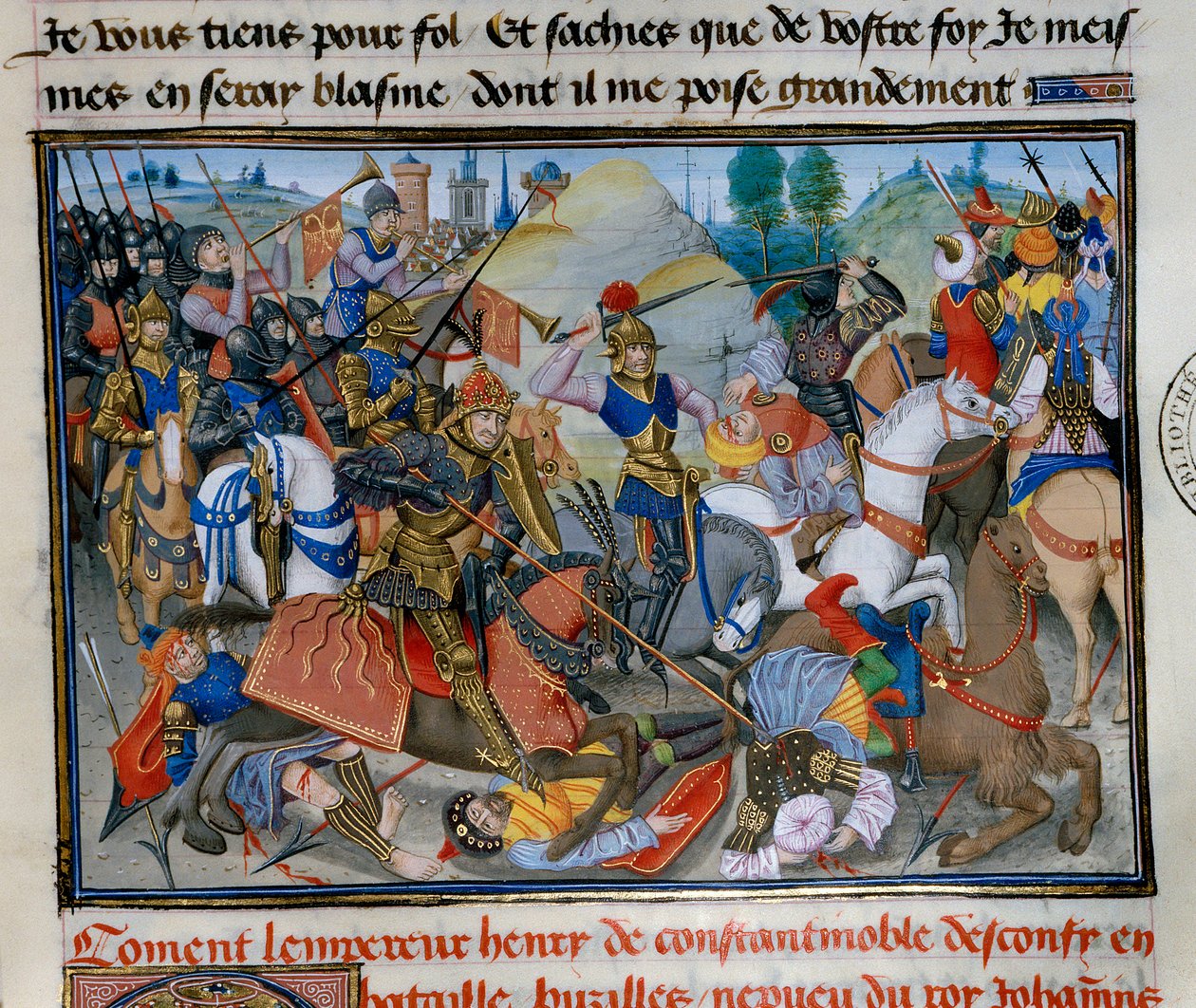 Kejseren af Konstantinopel Henrik I af Flandern Hainaut (1177-1216) under et slag. Miniature fra "" Chronicle abregee"" af David Aubert af Unknown artist