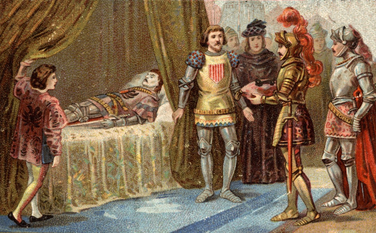 Den engelske guvernør i Chateauneuf de Randon (Chateauneuf-de-Randon, Auvergne) overgav sig og kom til at lægge nøglerne til pladsen på Bertrand du Guesclins dødsleje, den 13. juli 1380, foran hvem byen belejrede. Forbindelsen døde, akkord af Unknown artist