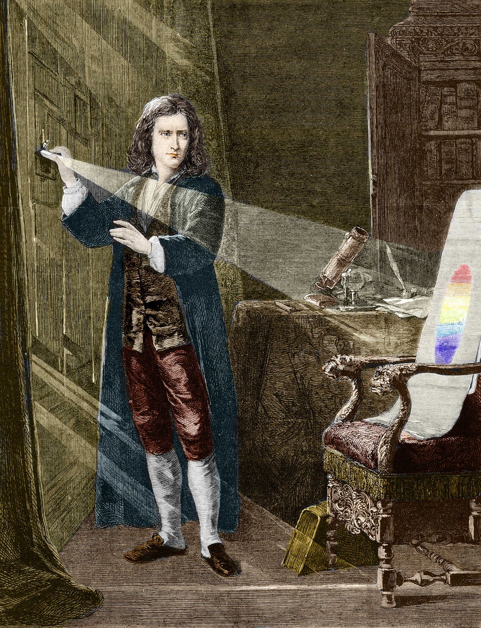 Den engelske fysiker Isaac Newton (1642-1727) nedbryder lys med et prisme af glas. Stik fra 1880. af Unknown artist