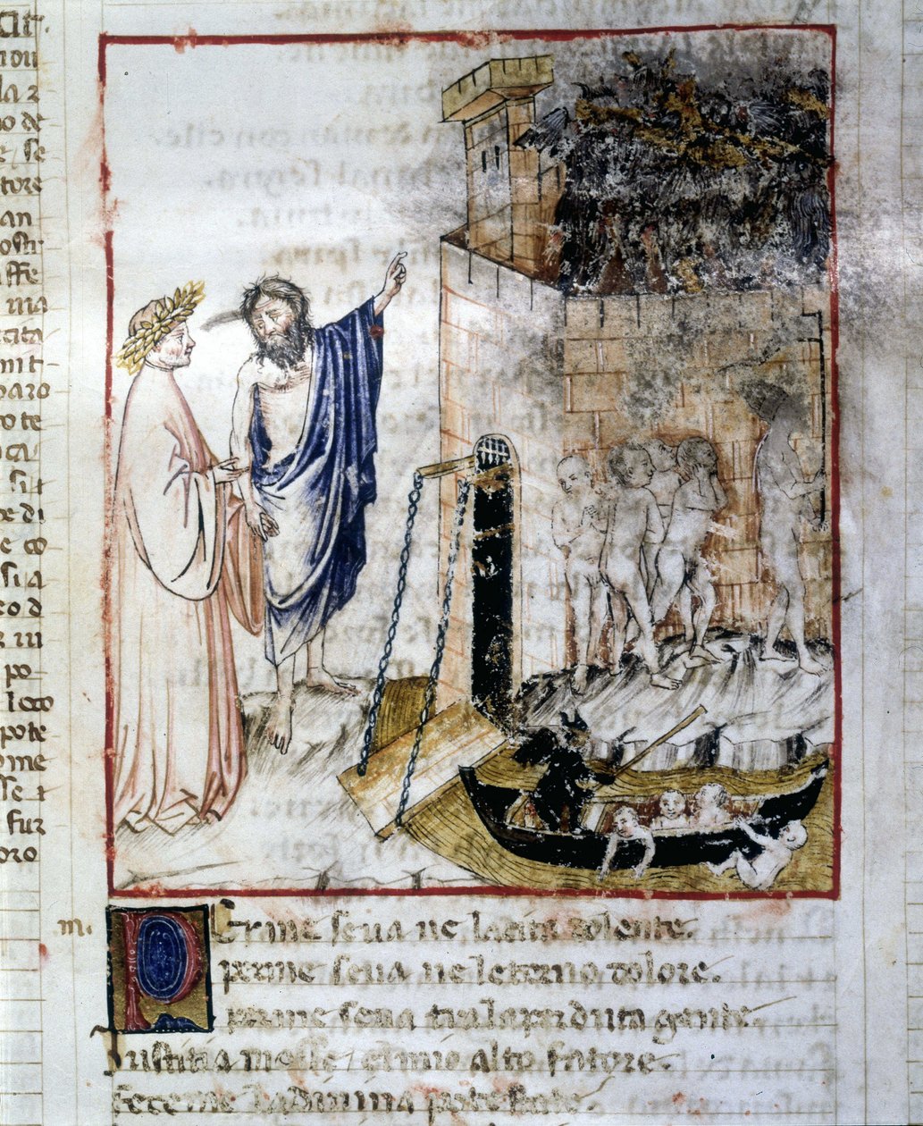 The Entrance of the Underworld - i "Den guddommelige komedie"" af Dante Alighieri, miniature af et manuskript fra det 14. århundrede, Bibl. Rimini kommune. af Unknown artist