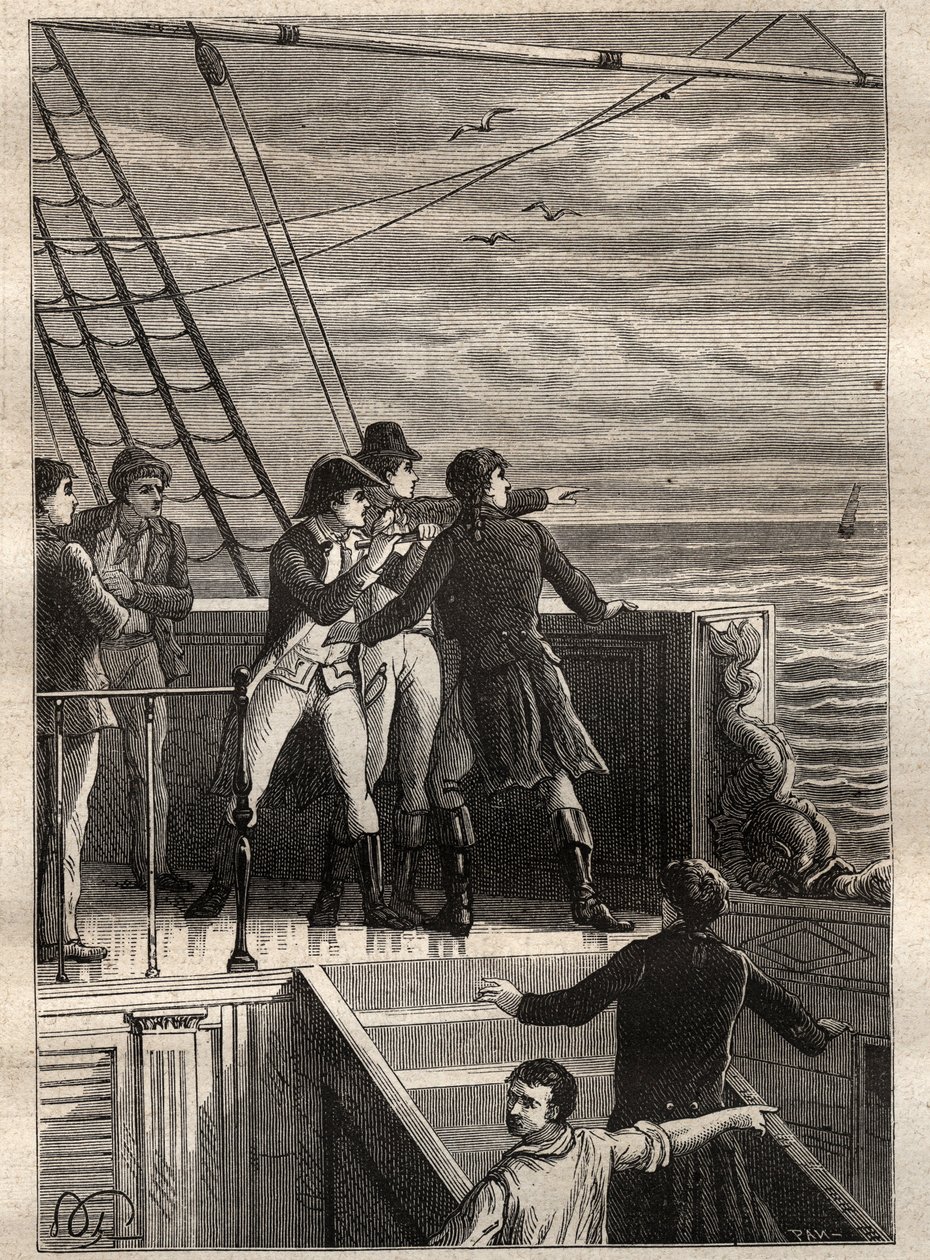 Ekspeditionen til de sydlige lande (1800-1803) af Nicolas Baudin (1754-1803): sømænd ud for New Holland (Australien) rapporterer om et slør i horisonten - illustration taget fra "The Great Mariners of the 18th century" af Unknown artist