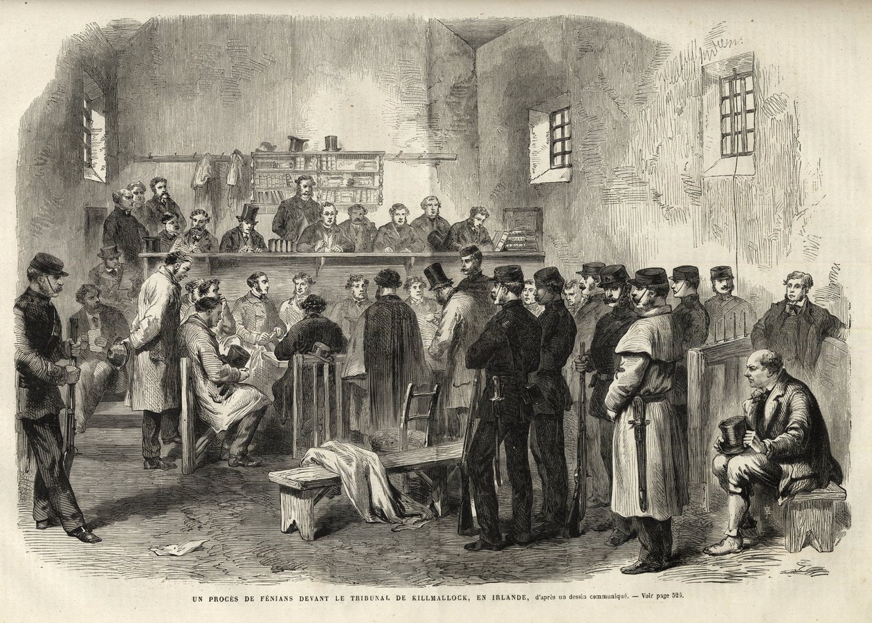 The Fenian Insurrection, inquest on Mr Cleary in the Courthouse at Kilmallock - 1867 - En retssag mod fenianere for Court of Kilmallock i Irland - 1867 - gravering fra "The Illustrous Universe"" fra 1867 af Unknown artist