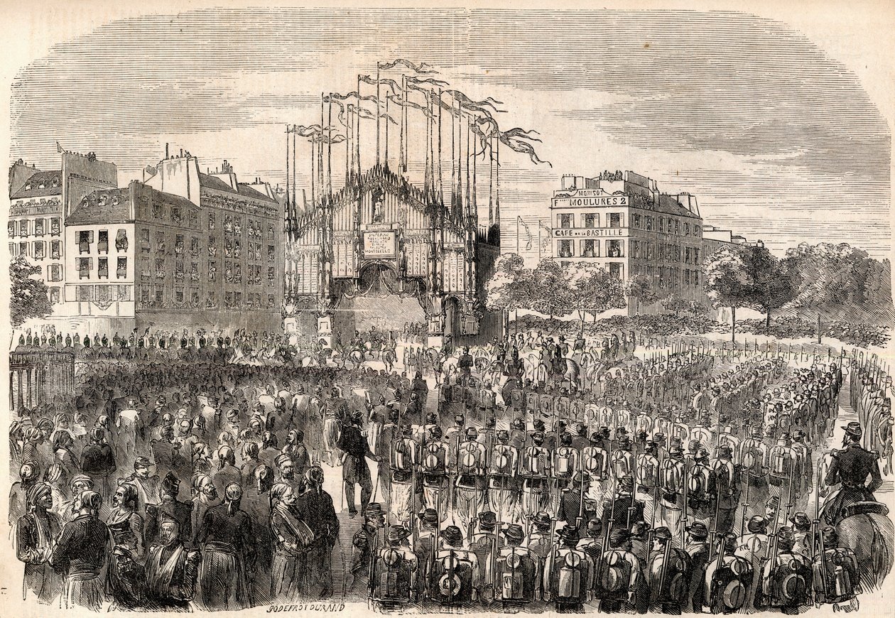 Festerne i Paris, Italiens hærs indtog i Paris, Triumfbuen på Place de la Bastille, der repræsenterer fronten af Milano-katedralen - Troppernes tilbagevenden efter Risorgimento, Paris af Unknown artist
