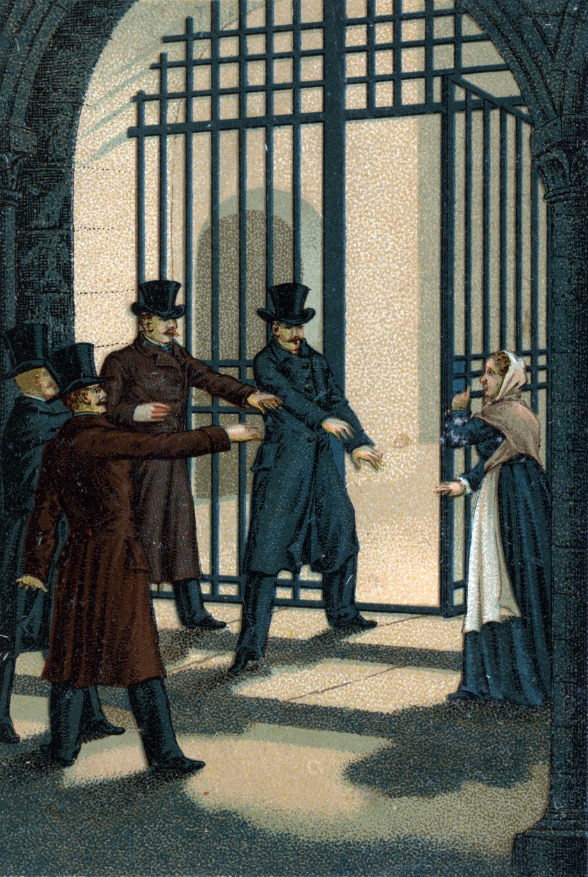 De fire sergenter (Bories, Pomier, Raoulx og Goudin) fra La Rochelle anklaget under restaureringen for at ville vælte monarkiet og guillotinerne i 1822. Deres forbrydelse er at tilhøre Charbonnerie (Carboneria). af Unknown artist