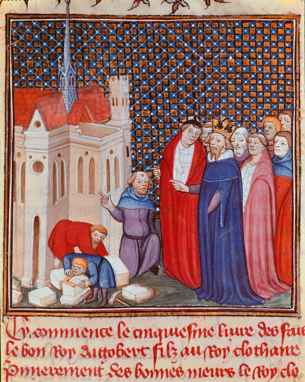 Franckongen Dagobert I (603/608-639) af det merovingerske dynasti, der fører tilsyn med opførelsen af en miniaturebygning fra "" Les grandes Chronicles de France" eller "" Les Chronicles de Saint Denis"" Chantilly fra det 14. århundrede, Musee Conde af Unknown artist